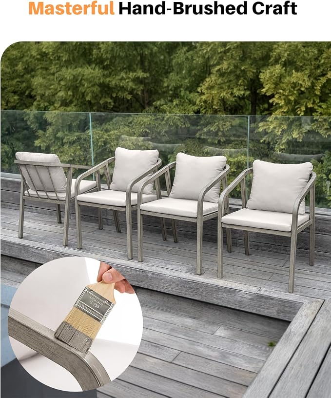 Outdoor Dining Chairs Set of 4, Never-Rust Aluminum Patio Dining Chairs with Removable Cushion, Ergonomic Patio Chairs with Wraparound Seating Design for Deck, Poolside, Commercial, Gray Oak
