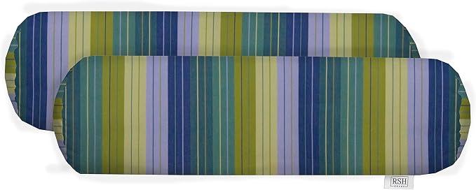 RSH Décor Set of 2 Sunbrella Neck Roll Pillows |20”x6”| Outdoor Coastal Bolster for Patio,Porch,Beachhouse,or Poolside Furniture|Water & Fade-Resistant|Seville Seaside Blue Green Stripe - Made in USA