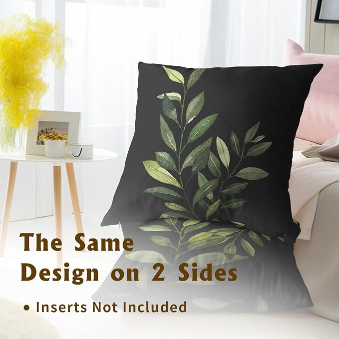 Green Leaf Black Pillow Covers 18x18 Inch – Pack of 2 Modern Olive Leaves Plants Spring Cotton Hidden Zipper Pillowcases for Couch Sofa Chair Bed Porch Farmhouse Home Decor