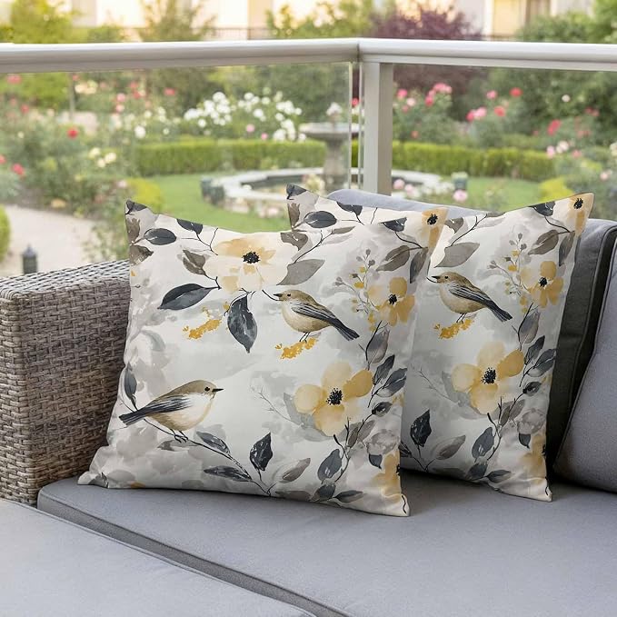 Outdoor Pillow Covers 18x18 Pack of 2, Abstract Bird Floral Artwort Decorative Pillow Cover Waterproof Pillowcase, Country Pastoral Style Farmhouse Cushion Covers for Garden Patio Sofa Couch Bench