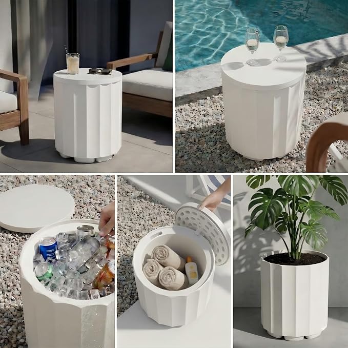 Outdoor Cooler Side Table, 2 in 1 Ice Chest Cooler Table All Weather Resistant | Dense Fluted Cooler Side Table with Hangable Lid for Patio Decor, Deck, BBQ, Beach | White