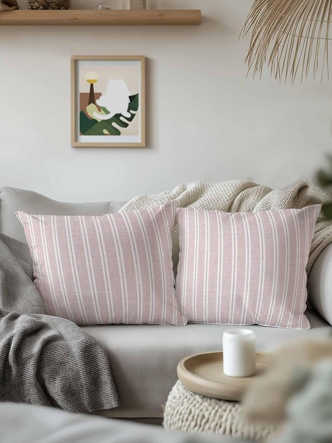Waterproof Outdoor Pillow 1 Pack Red Linen Striped Decorative Throw Pillows Cover & Insert 18x18 Inch Pillowcase Vertical Stripes Lines Square Pillows for Couch Sofa Bed Patio Furniture Indoor Outdoor
