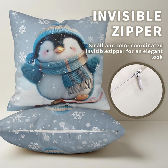 Winter Pillow Covers 22x22 Set of 2 Adorable Skiing Penguins Throw Pillow Covers Snowflakes Pillow Case Double Sided Printing Cushion Case for Home Decor Couch Sofa