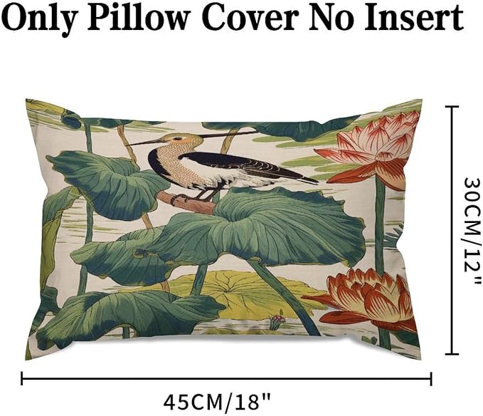 Set of 2 Chinese Pond Bird Decorative Throw Pillow Covers 12x18in Farmhouse Rectangle Accent Pillow Cases Cushion Cover Cases for Sofa Chair Bedroom Home Decor