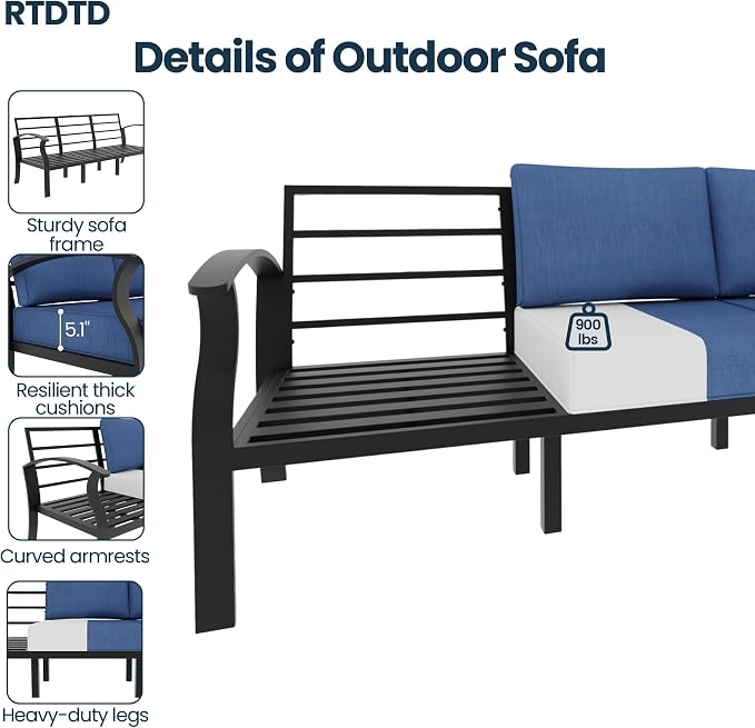 Aluminum Outdoor Patio Furniture Set,7 Seats Patio Conversation Sets with Rectangular Coffee Table,Metal Patio Sectional Furniture Set with 2 Swivel Rocking Chairs,Navy Blue