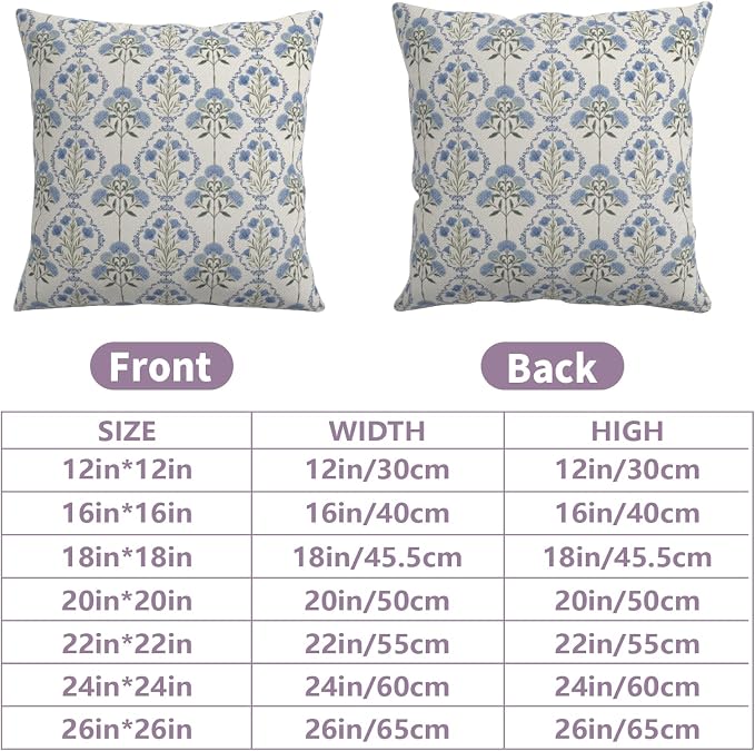 Vintage Floral Pillow Covers Blue Green Boho Flower Block Print Throw Pillow Cover 18x18 Spring Summer Hydrangea Pillow Cases Wildflower Farmhouse Cushion Case for Home 2 Pack