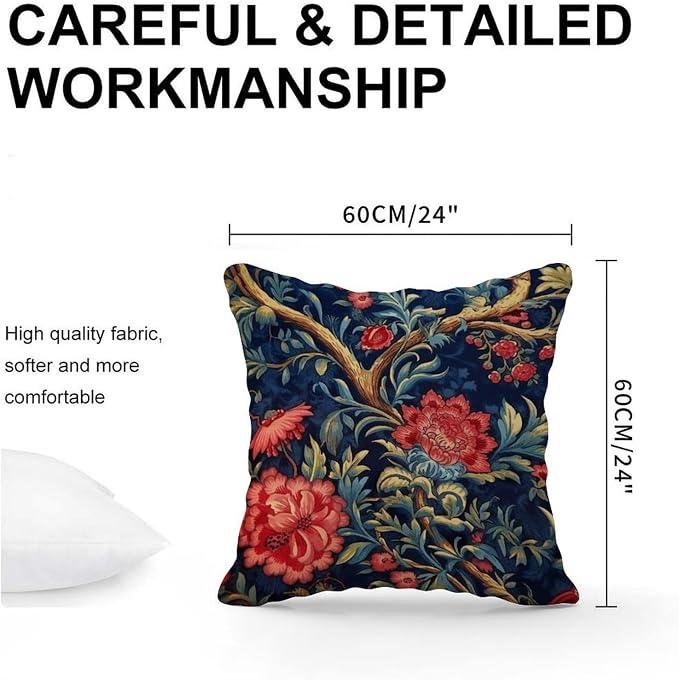 Throw Pillow Covers Navy Blue Floral Botanical Throw Pillow Covers Farmhouse Burgundy Gold Olive Pillow Cover Accent Farmhouse Decor Pillow for Patio Furniture Tent Garden 24x24 in