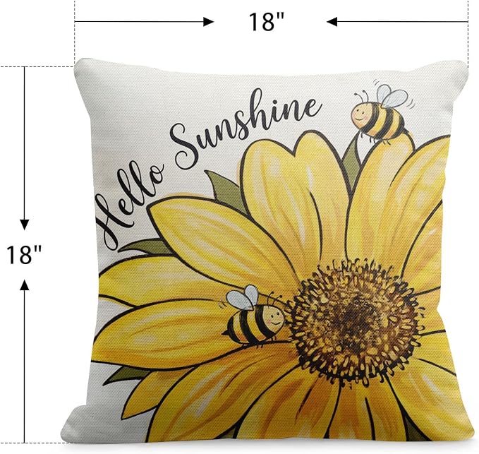 Outdoor Throw Pillow Covers, Bee Sunflower, 18 x 18 inch, Set of 2 | Waterproof 18 x 18 inch square cushion case pillowcase farmhouse garden decorative pillows for couch beach patio