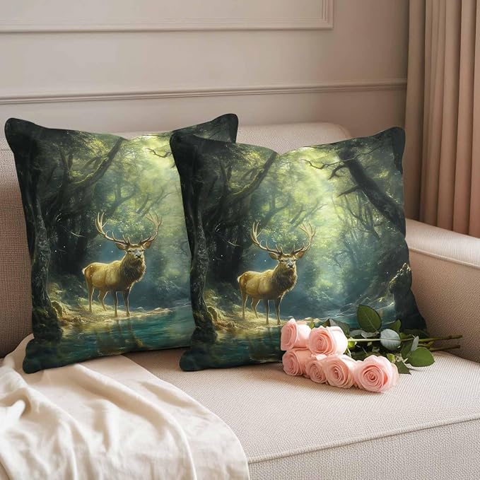 Green Forest Deer Waterproof Outdoor Pillow Covers Set of 2 Home Decor, Fantasy Vintage Nature Scenery Pillowcase Patio Pillow Covers for Couch Bench Furniture Garden 24x24in