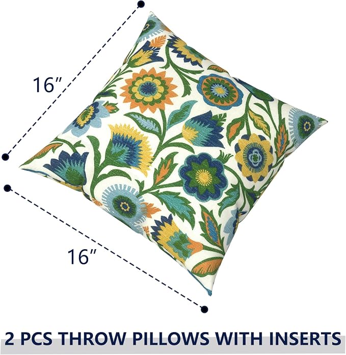 Outdoor Pillows with Insert 16x16 Inch, Waterproof Throw Pillow for Patio Furniture, Decorative Back Cushion for Garden Home Sofa Office Chair, Set of 2, Fiesta Floral
