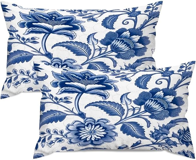 Set of 2 Blue and Ivory Indigo Floral Cushion Cover Case with Zipper 12x20in Canvas Pillow Cover Rectangle Pillow Case for Couch Bed Car Pub Coffee Bar Living Room Decoration