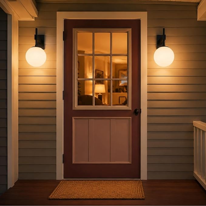 Hyunbae 18.1" Dusk to Dawn Outdoor Wall Sconce, Black Modern Exterior Light | White Globe Glass Shade, E26 Front Porch Light, Photocell Sensor, Garage Patio Entryway Use, IP65 Wall Mount Waterproof