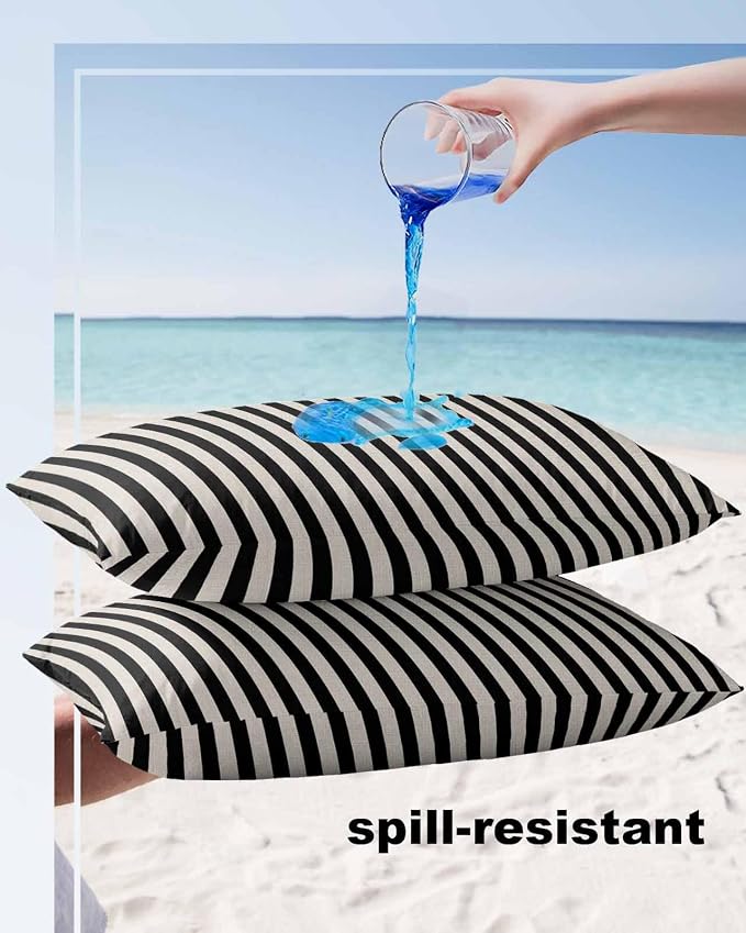 Outdoor Waterproof Throw Pillow Covers Set of 2 Black Stripes Lumbar Pillowcases 20x12 Inches Linen Classic Vertical Striped Patio Decorative Pillows Cushion Case Patio Pillows for Couch Bed Garden