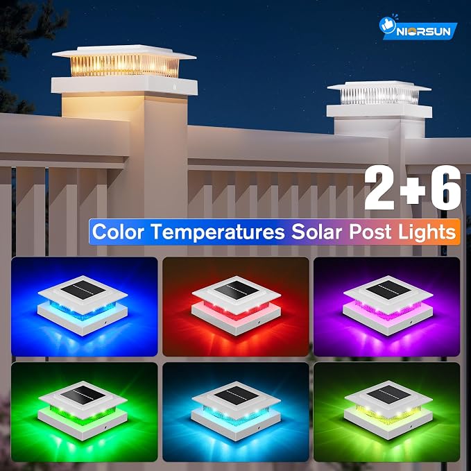 4x4 Post Solar Lights Color Changing,Solar Post Light,16 Pack White | RGB Solar Post Cap Lights for 4x4 Post Caps Wood Vinyl,5x5 Vinyl,IP44 Waterproof Fence Post Solar Lights Outdoor for Deck