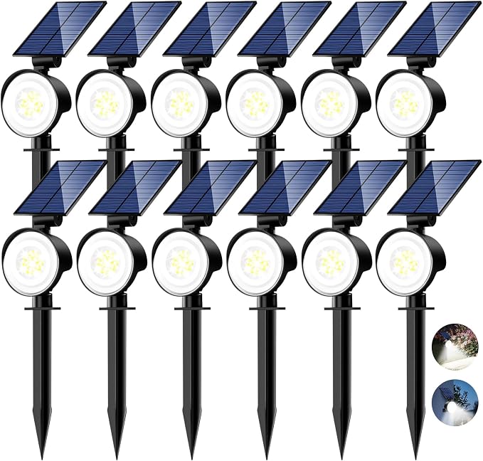 nipify Solar Spot Lights Outdoor Waterproof, Landscape Spotlights | Cool White, 12 Pack/53 LED/3 Modes, Adjustable Solar Panels, Auto On/Off, Uplights Lighting for Outside Tree Yard Flag Garden