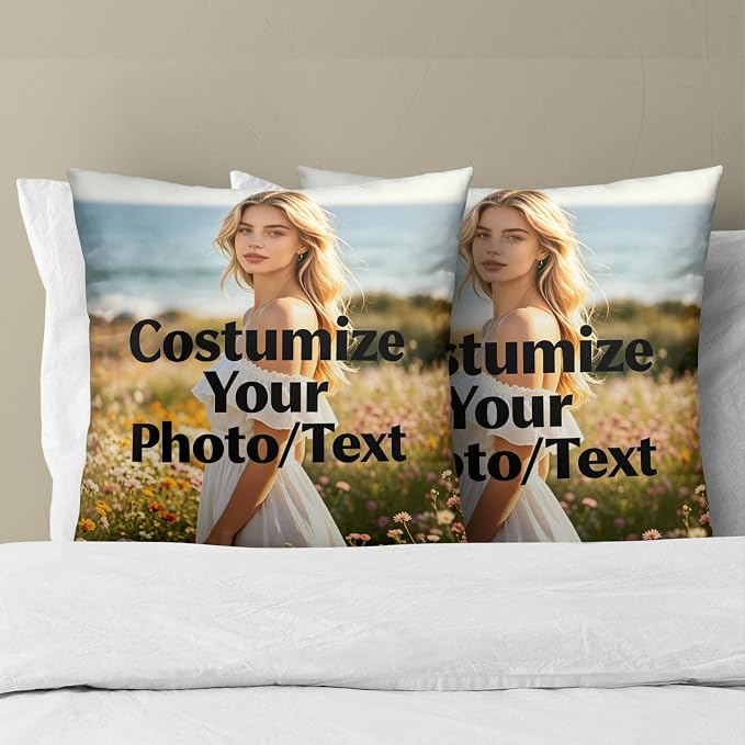 Custom Design Photos or Text Throw Pillow Covers 22x22 Inch – Pack of 2 Personalized Pet Photo Cotton Hidden Zipper Pillowcases for Couch Sofa Bed Porch Farmhouse Home Decor