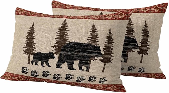 Bear Outdoor Waterproof Throw Pillow Covers 20 x 12 Inches Set of 2 Pine Forest Nature Bear Nature Vintage Boho Decorative Cushion Cover Pillowcase for Garden Patio Tent Beach Livingroom Sofa Couch