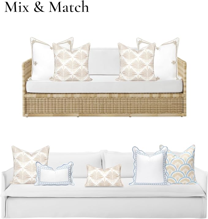 Hofdeco Premium Coastal Hampton Patio Indoor Outdoor Throw Pillow Cover Only, 20"x20" Water Repellent for Backyard, Couch, Poolside, Neutral Tan Print Abstract Plam Leaves