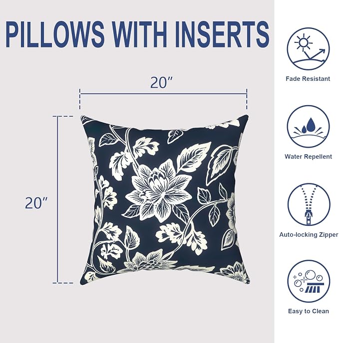 Outdoor 20x20 Inch Throw Pillows with Inners, Square Pillows Decorative Set of 2 for Home Garden Furniture, Elegant Vines Navy