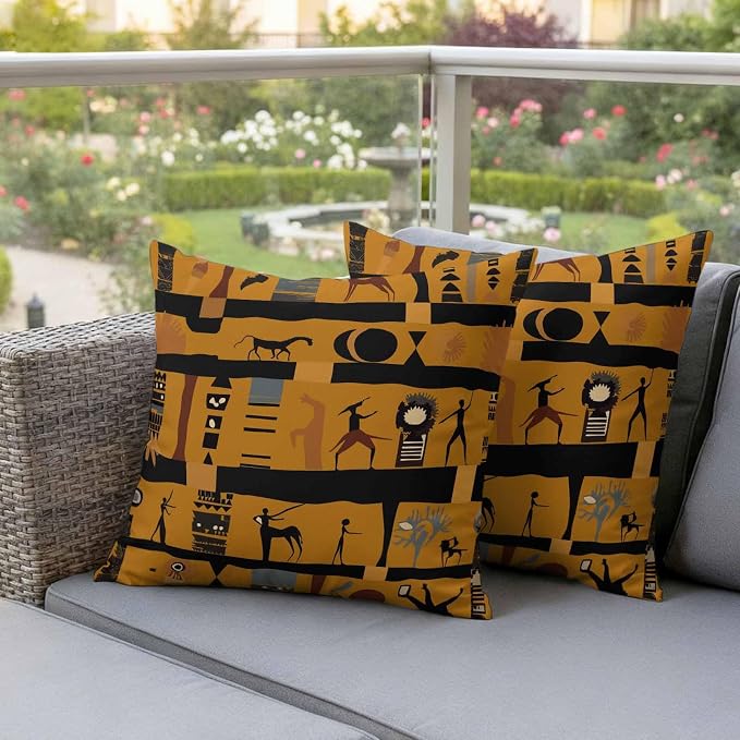 Outdoor Pillow Covers Waterproof, African Ethnic Decorative Square Throw Pillowcases Patio Cushion Covers for Tent/Garden, 18" x 18" 2 Pack, Vintage Ethnic Tribes Richness Brown