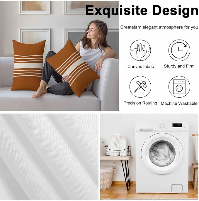Burnt Orange Beige Striped Outdoor Pillow Covers 20x12 Inch Lumbar Pillow Covers Set of 2 Waterproof Decorative Throw Pillow Cases Modern Farmhouse Retro Lines Cushion Covers for Patio Furniture