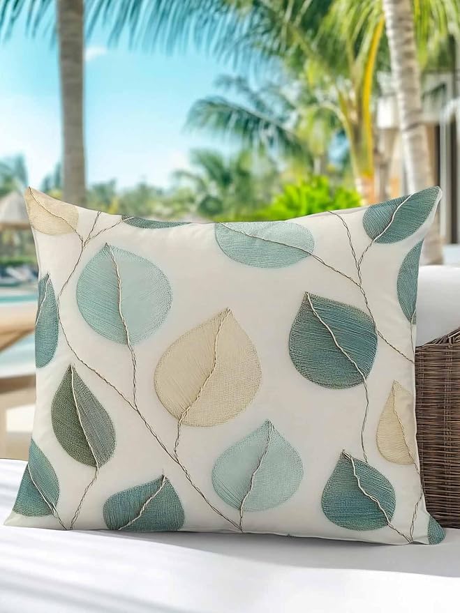 Outdoor Waterproof Throw Pillows Farmhouse Teal Green Leaf Patio Pillows,Decorative Pillow Covers with Insert,Pillow Cushion Case for Garden Couch Sofa Vintage Watercolor Leaves