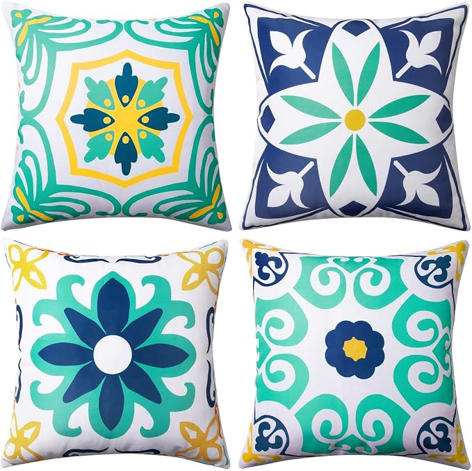Waterproof Outdoor Pillow Covers, 4 Pack 18x18 Throw Pillow Covers | Blue Decorative Pillow Covers, Floral & Boho Print, Waterproof & Fade Resistant, Garden Cushion Case for Patio Furniture