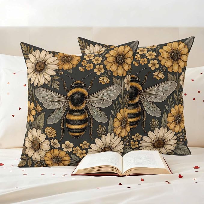 Outdoor Pillow Covers Waterproof, Bee Flowers Decorative Square Throw Pillowcases Patio Cushion Covers for Tent/Garden, 26" x 26" 2 Pack, Retro Country Animals Botanical Floral Plants