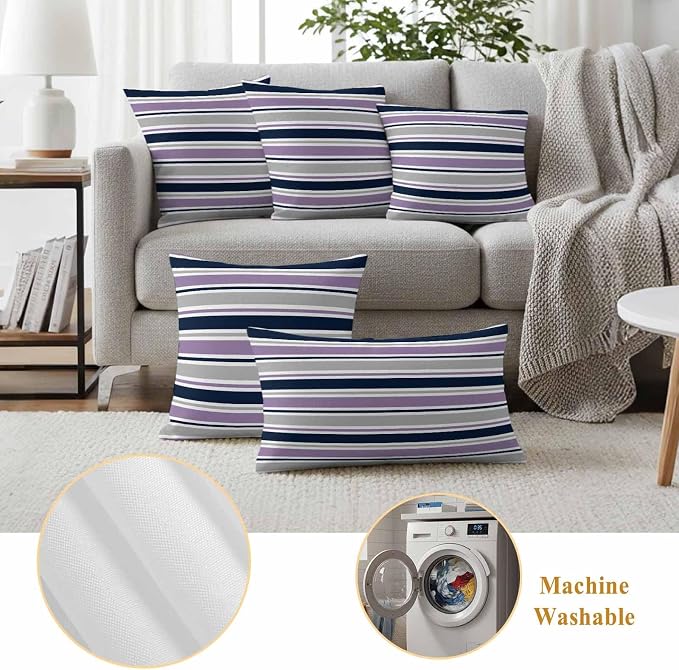 Outdoor Pillow Covers 16 x 16 Inches, Purple Grey Striped Waterproof Throw Pillow Cover Set of 2, Farmhouse Stripes Modern Abstract Art Decorative Square Cushion Covers for Patio/Couch/Garden