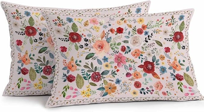 Vandarllin Outdoor Throw Pillows Covers 20x12 inch Set of 2 Waterproof Pink Floral Decorative Zippered Cushion Covers for Patio Furniture, Farmhouse Vintage Flower Lumbar Pillowcases