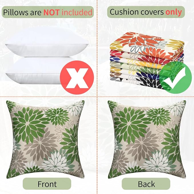 Decorative Outdoor Waterproof Throw Pillow Covers 20×20 Inch Set of 2 Green and Grey Decorative Pillow Case Dahlia Flowers Cushion Covers Spring Summer for Garden Patio Living Room