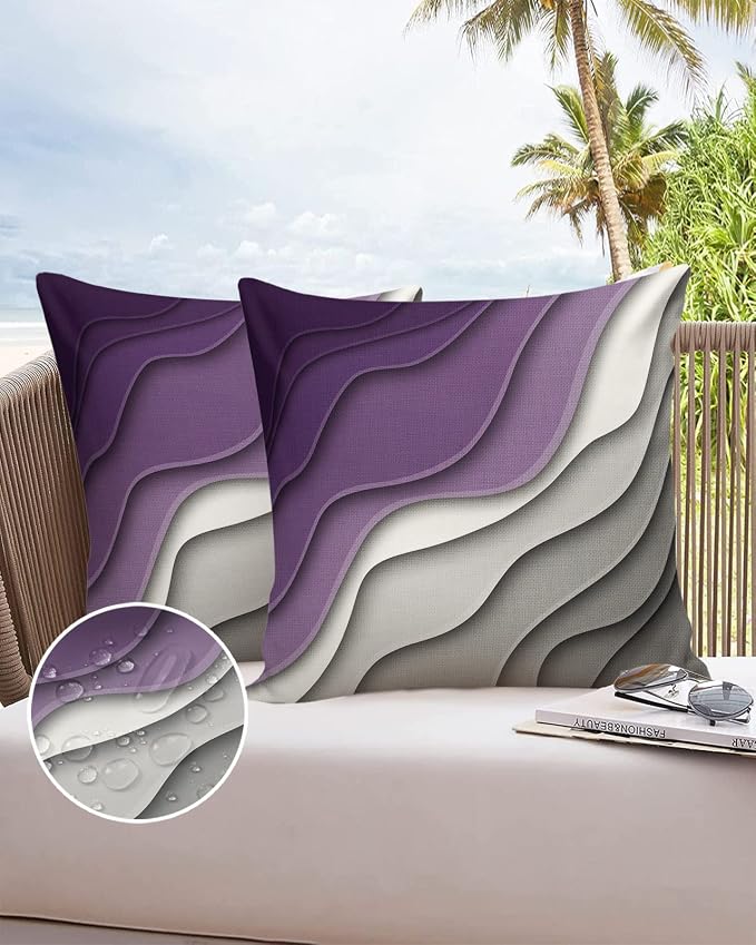 Funy Decor Waterproof Outdoor Throw Pillow Cover Purple Grey Modern Geometric Lumbar Pillowcases Set of 2 Abstract Beach Decorative Patio Furniture Pillows for Couch Garden 18x18 inch x 2pcs