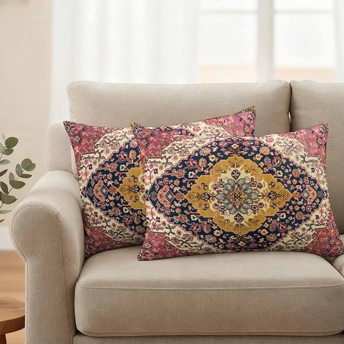 Southwest Aztec Waterproof Outdoor Pillow Covers Set of 2 Home Decor, Boho Tribe Traditional Floral Patterned Pillowcase Patio Pillow Covers for Couch Bench Furniture Garden 20x12in