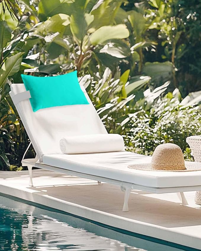 Outdoor Pillow for Lounge Chair with Strap & Insert Teal Green Pattern Recliner Head Pillow Pure Colour Waterproof Headrest Patio Lumbar Pillows for Beach Pool Office Chaise Chair 11x16 Inch