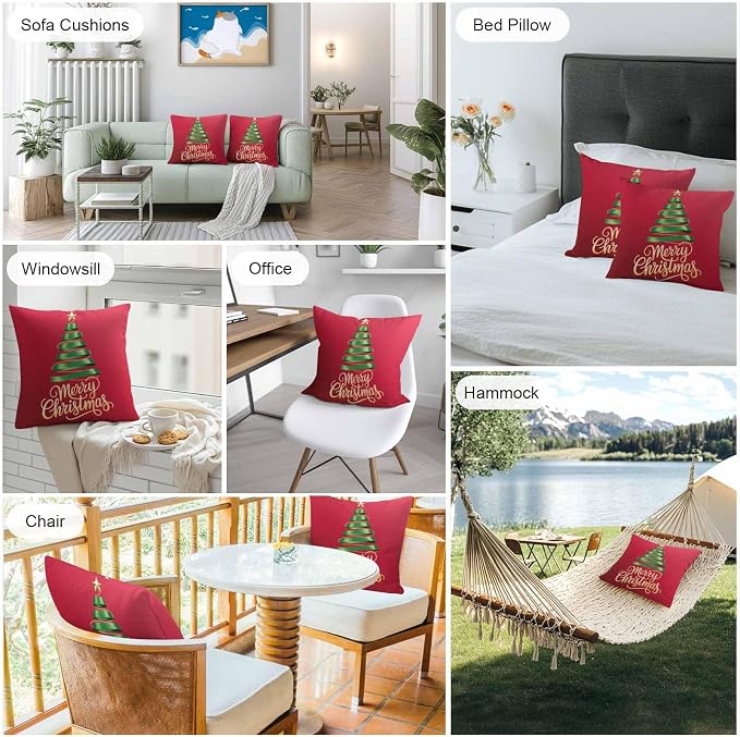 Red Christmas Tree Outdoor Pillow Covers 24 x 24 Inches, Green Xmas Tree with Star Waterproof Throw Pillow Cover Set of 2, Christmas Red Decorative Square Cushion Covers for Patio/Couch/Garden