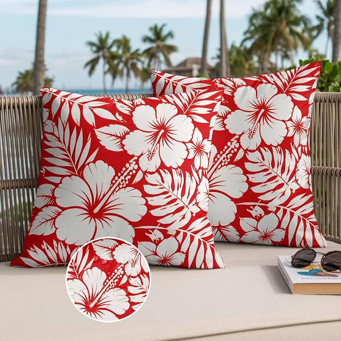 Red Hibiscus Flowers Waterproof Outdoor Pillow Covers Set of 2 Home Decor, Tropical Monstera Leaves Pillowcase Patio Pillow Covers for Couch Bench Patio Furniture Garden 26x26in