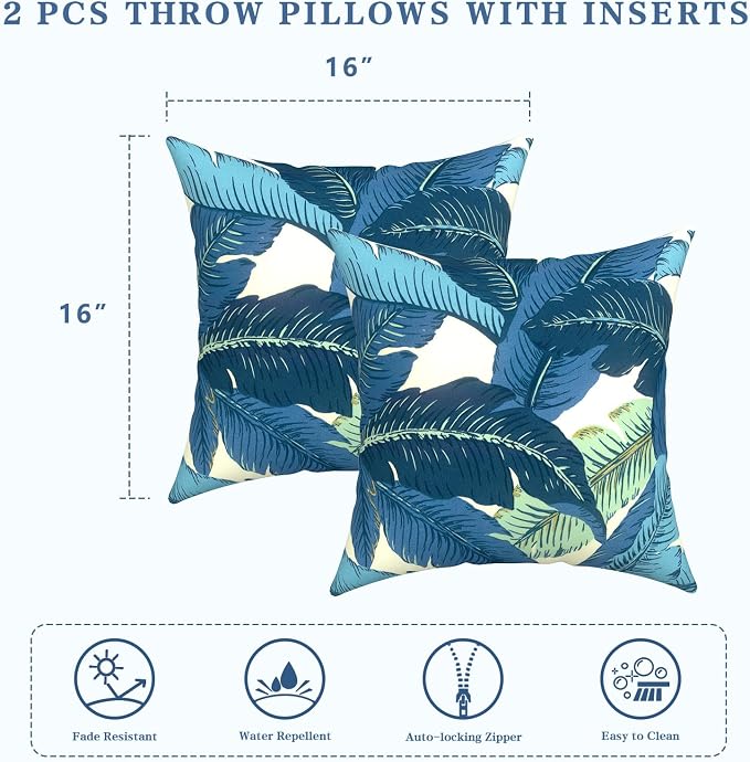 LVTXIII Outdoor Throw Pillows, Decorative Throw Pillows with Inserts, 16"x16" Square Pillows for Bed, Couch, Sofa and Patio Furniture, Set of 2, Swaying Palms Blue