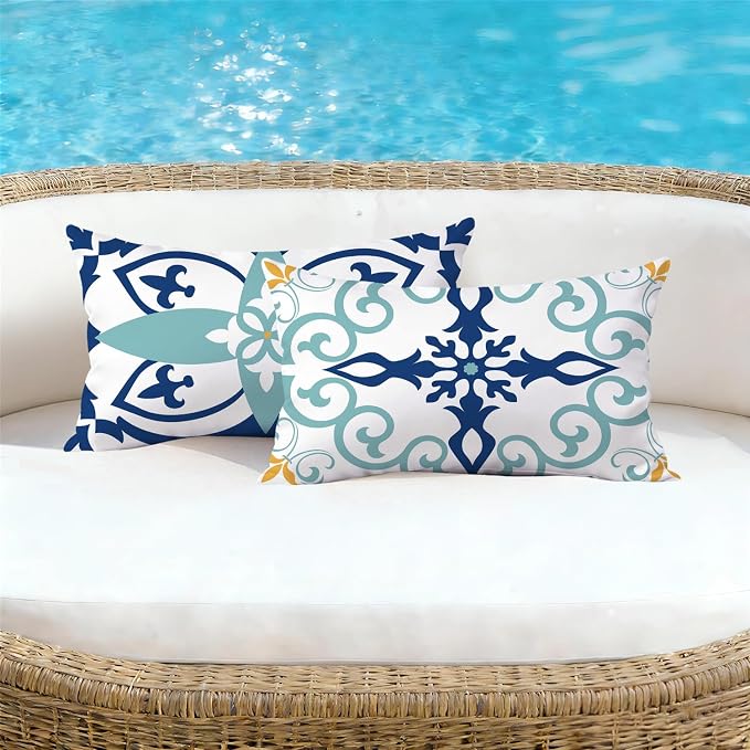 NIGHTWISH Outdoor Waterproof Pillow Covers 12x20 Set of 4 Teal Boho Decorative Outdoor Throw Pillows Floral Cushion Cases for Patio Furniture Bench Couch Sunbrella