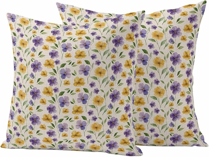 Purple Yellow Flower Outdoor Pillow Covers Set of 2 Spring Green Leaf Watercolor Floral Farm Waterproof Throw Pillow Cover Decorative Cushion Cases for Patio Porch Garden 18X18 Inch