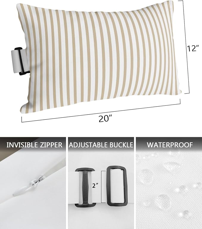 Pack of 2 Outdoor Lumbar Pillow Covers 12x20 Inch, Thin Beige Striped Waterproof Throw Pillow Covers Set, Farmhouse Modern Stripes Indoor&Outdoor Decorative Cushion Cases for Patio Porch Car