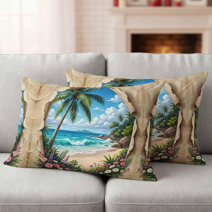 Tropical Floral Botanical Outdoor Pillow Covers 20x12 Inch Lumbar Pillow Covers Set of 2 Waterproof Decorative Throw Pillow Cases Palm Tree Summer Beach Cushion Covers for Patio Furniture Garden Couch