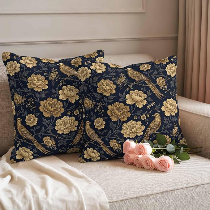 Vintage Gold Navy Blue Floral Outdoor Pillow Covers 24"x24" Set of 2, Bird Peony Flower Traditional Waterproof Throw Pillow Covers for Patio Furniture, Decorative Cushion Covers for Porch