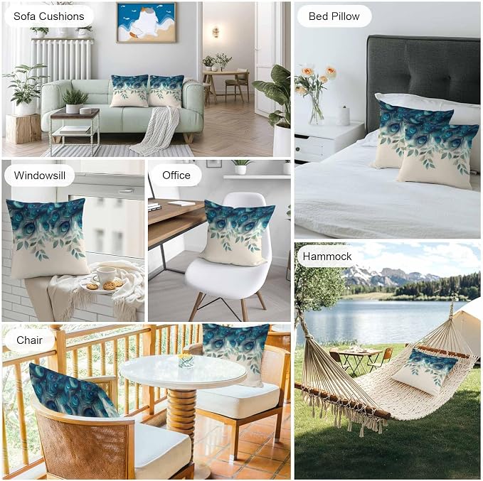 Teal Turquoise Outdoor Pillow Covers 18x18 Inch Throw Pillow Covers Set of 2 Waterproof Decorative Pillow Cases Peacock Feathers Aesthetics Eucalyptus Cushion Covers for Patio Furniture Garden Couch