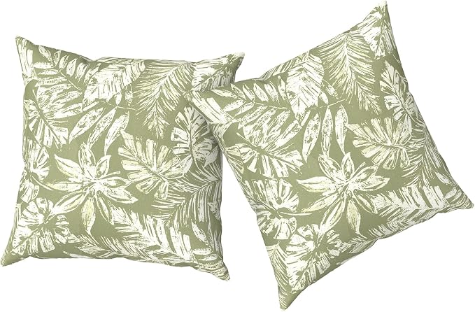 Outdoor Pillows with Insert 18x18 Inch, Waterproof Throw Pillow for Patio Furniture, Decorative Back Cushion for Garden Home Sofa Office Chair, Set of 2, Tropical Leaf Green