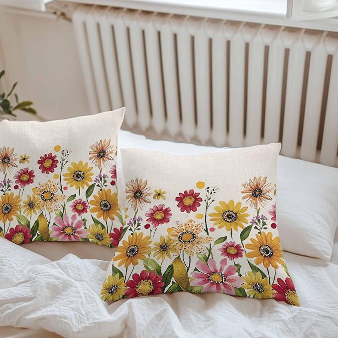 Yellow Red Spring Floral Outdoor Waterproof Throw Pillow Covers 20x20 Set of 2, Pastoral Summer Flower Rustic Decorative Pillowcases Cushion Pillowcase for Couch Sofa Patio Outside Pillow Protector