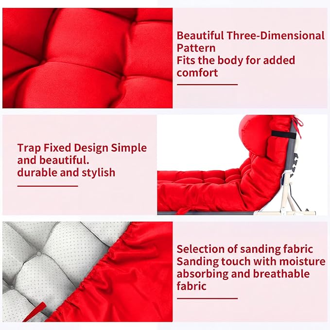 Tudomro Outdoor Chaise Lounge Cushion 66x21x4'' Waterproof & Fade-Resistant Patio Pool Chaise Lounge Cushion Headrest Pillow Tie Replacement Rocking High Back Chair(Bright Red,1 Pcs)