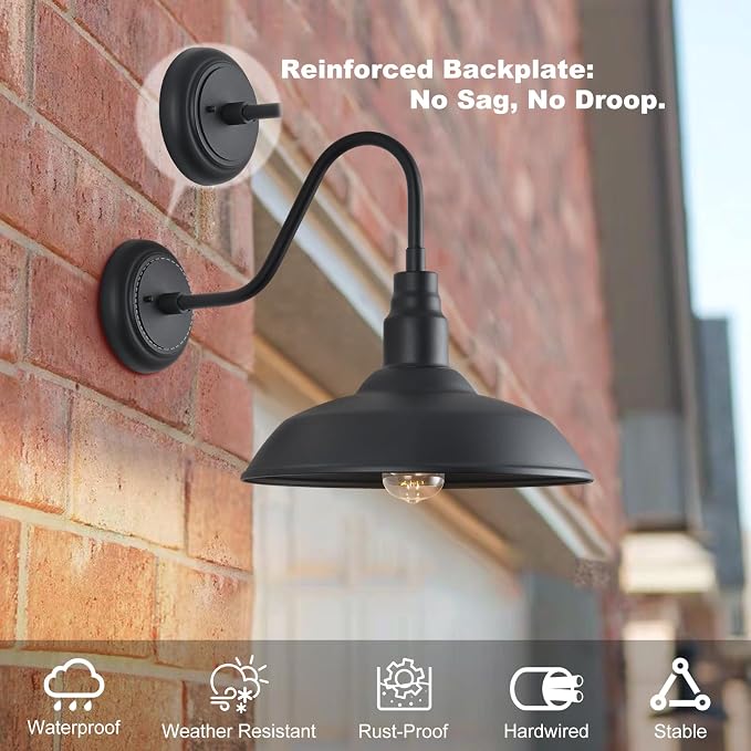 14in Outdoor Gooseneck Light Fixture for Porch, Large Exterior Barn Light with Wall Mount, Black Industrial Lighting Fixture for Farmhouse Garage Patio