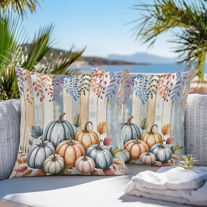 Orange Pumpkins Outdoor Waterproof Pillow Covers, Eucalyptus Leaves Wood Grain Country Rustic Decorative Square Throw Pillowcase Sofa Cushion Sham for Patio/Couch/Chair, 16"x16" 2 Pack