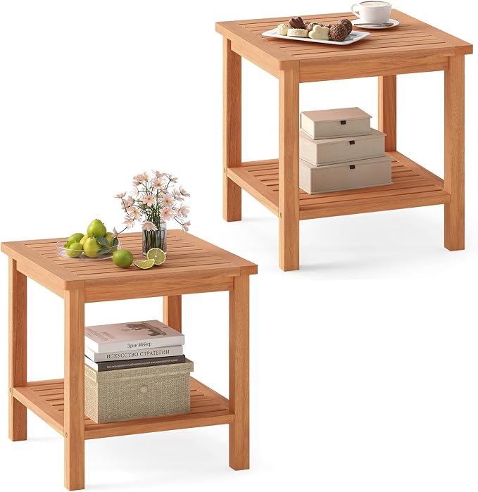 HAPPYGRILL Acacia Wood Outdoor Side Table, 2-Tier Indoor End Table with Spacious Tabletop and Slatted Storage Rack, Square Wood Table for Poolside, Living Room, Porch, Balcony and Garden (2)