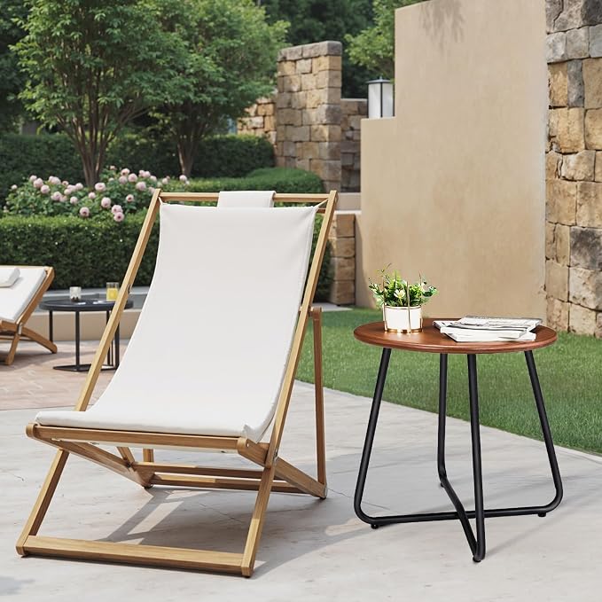 Outvita Indoor and Outdoor Side Table, Small Patio Side Table, Metal Round Portable Waterproof Weather Resistant End Table for Patio, Garden, Balcony, Yard, Wood Grain Color